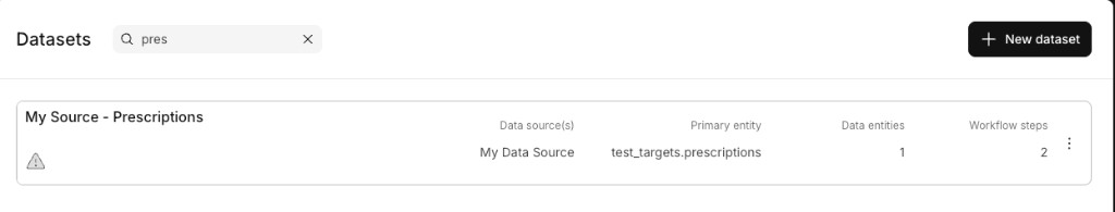 Dataset list card showing the issue indicator on a dataset with a problem
