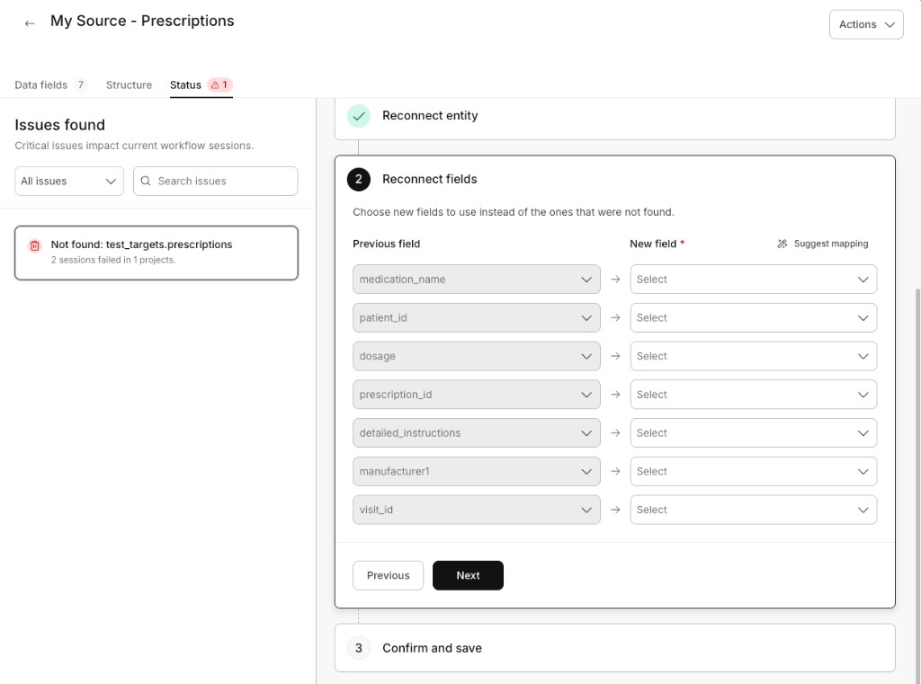 Reconnect fields step showing the Suggest mapping option and manual field selectors