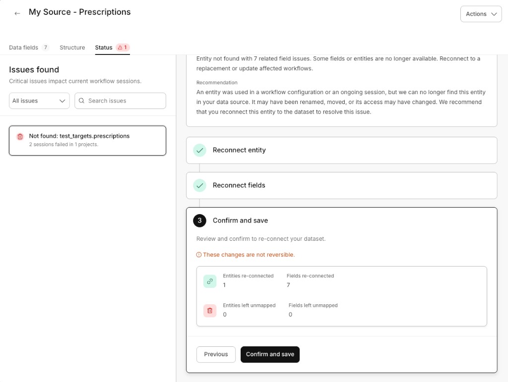 Confirm and save step showing completed mappings, unmapped-item counts, and the Confirm and save button