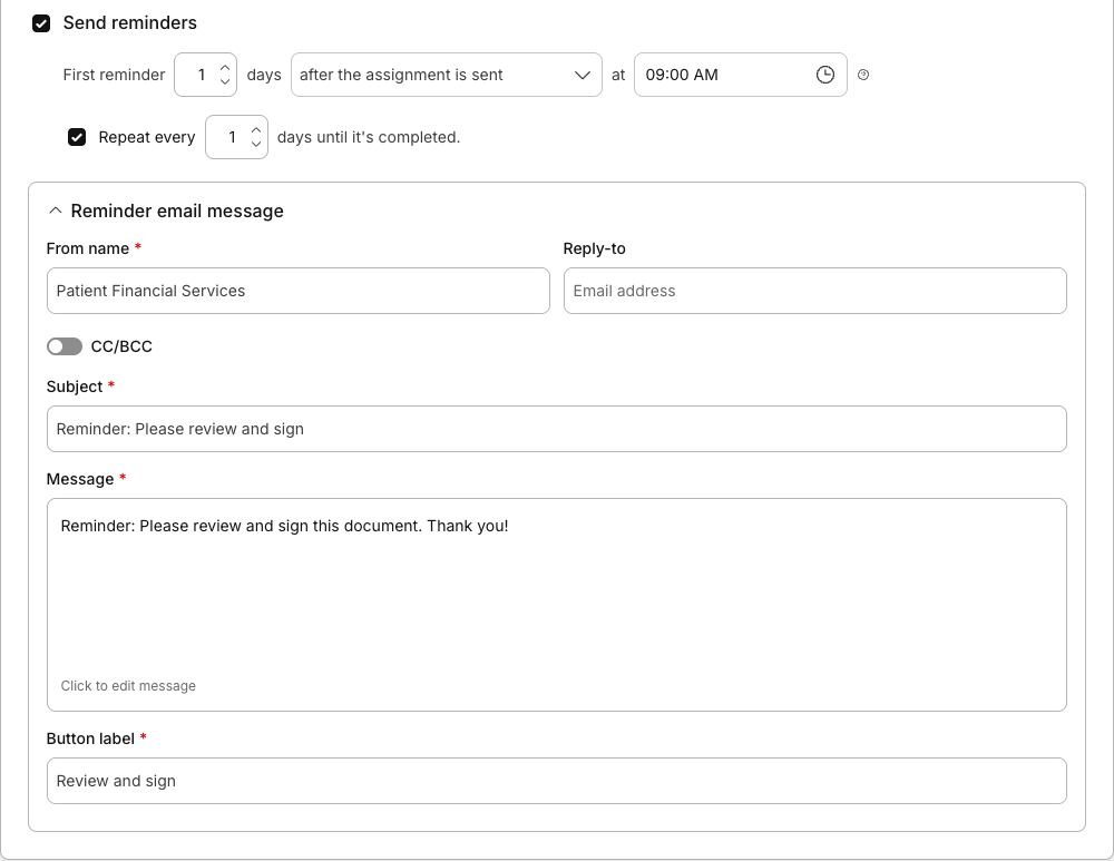 Expanded reminder email message settings