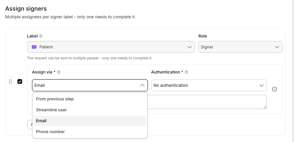 Assign via options showing Streamline user, Email, Phone number, and From previous step