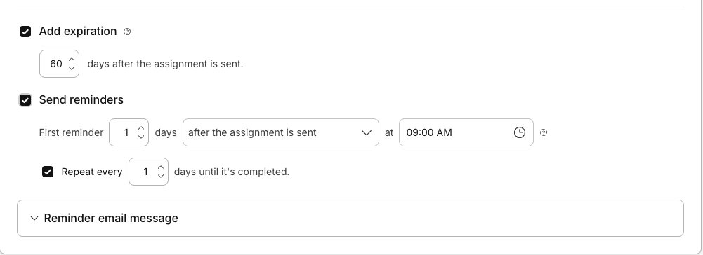 Assignment settings with expiration and reminder scheduling enabled