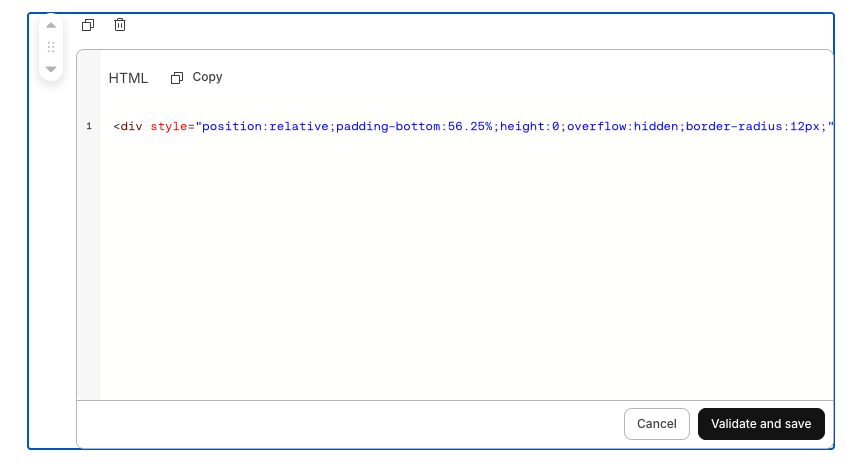 Code block editor showing a vendor HTML snippet and Validate and save action