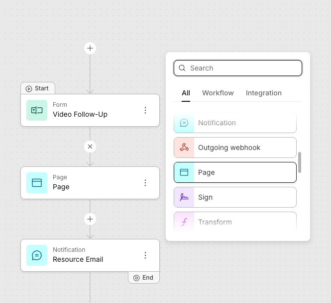 Workflow builder step menu with Page selected