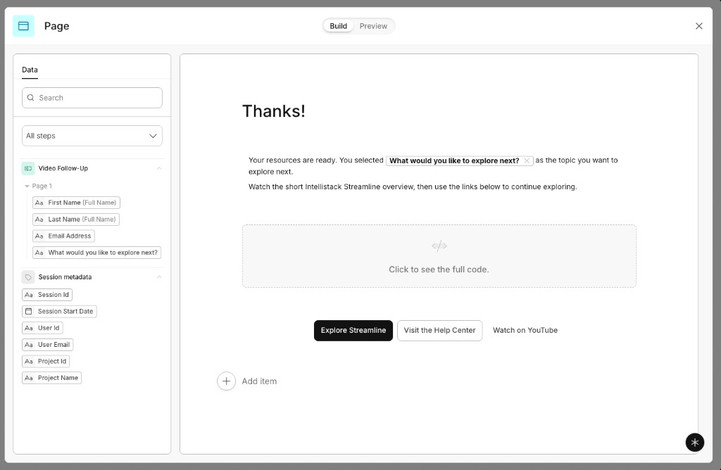 Pages builder showing a Header, mapped Description, Code block, External buttons, and the Data panel