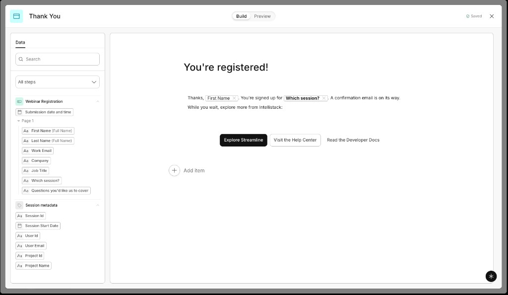 Example Thank You Page configuration with mapped data and External buttons