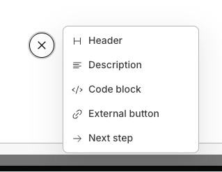 Add item menu showing Header, Description, Code block, External button, and Next step