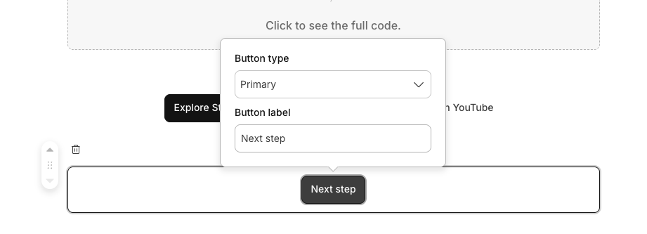 Next step settings showing button type and label