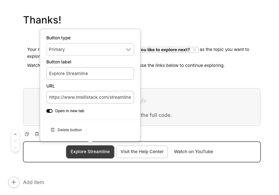 External button settings showing button type, label, URL, and open-in-new-tab control