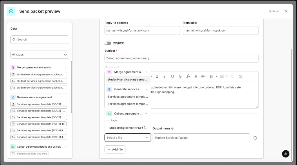 Notification attachment mapping showing the combined File actions output and its file, file name, and file extension fields