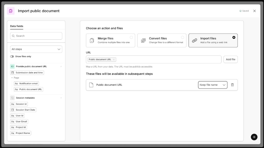 File actions step showing Merge files, Convert files, and Import files, with Import files selected