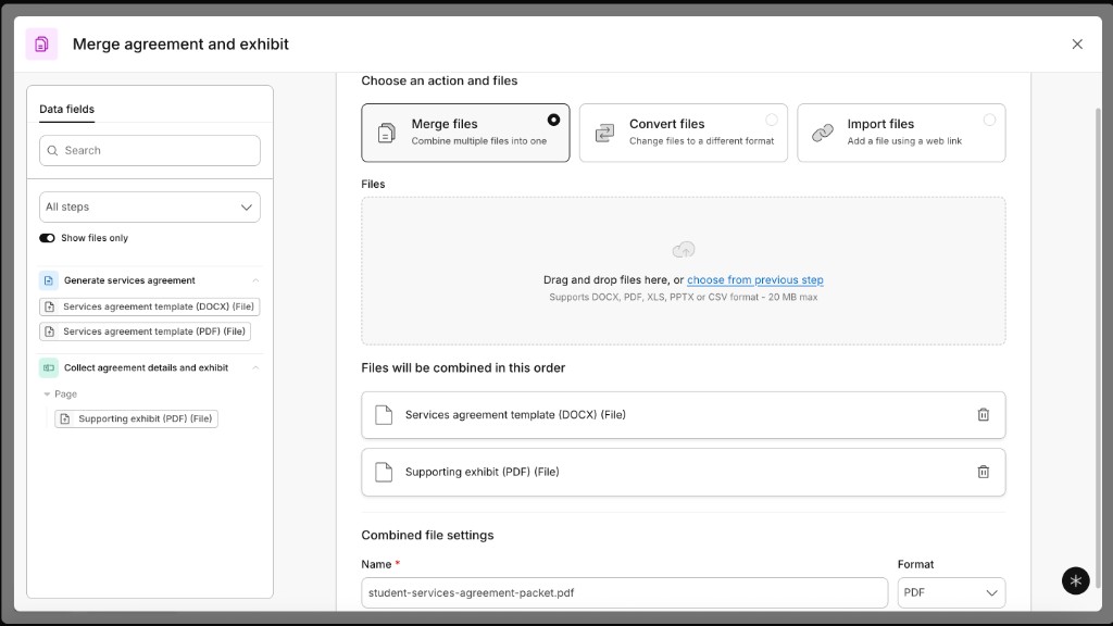 Merge files configuration with the generated services agreement first, supporting exhibit second, output name entered, and PDF selected