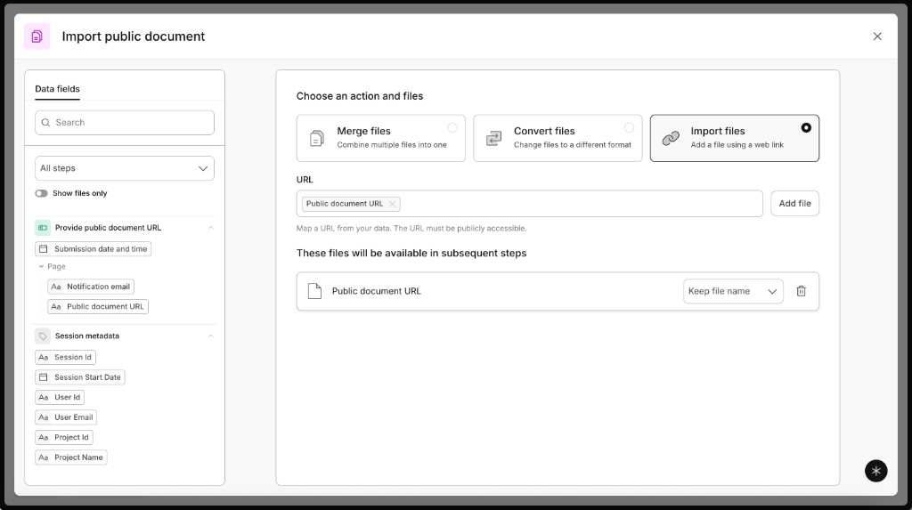 Import files configuration with a mapped public document URL and Keep file name selected