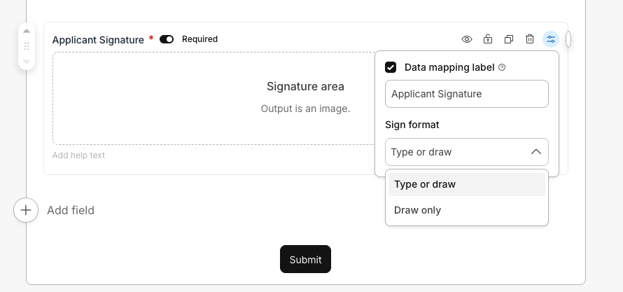 Signature field settings showing Data mapping label and the Sign format options Type or draw and Draw only