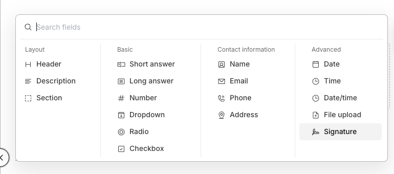 Add field menu with Signature highlighted under Advanced