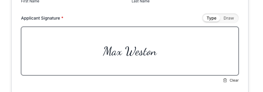 Participant form showing the Type tab selected and a typed signature in the signature area
