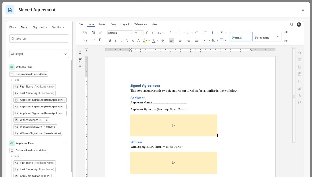 Document editor Data panel showing Signature File, File name, and File extension values