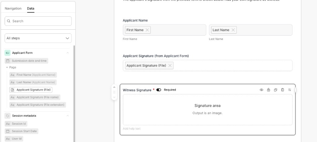 Builder showing the Applicant Signature (File) value from the Data panel mapped into a Signature field