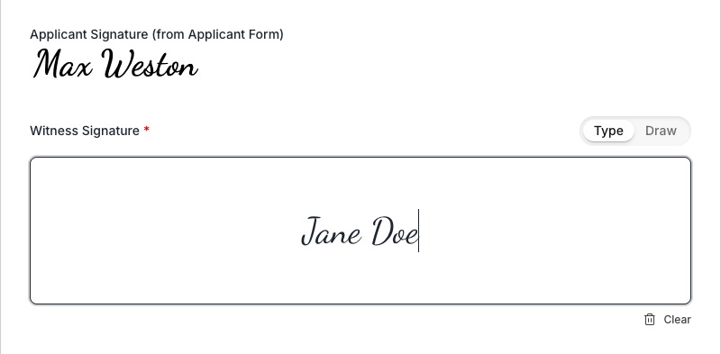 Participant form showing the earlier signature displayed read only below its label