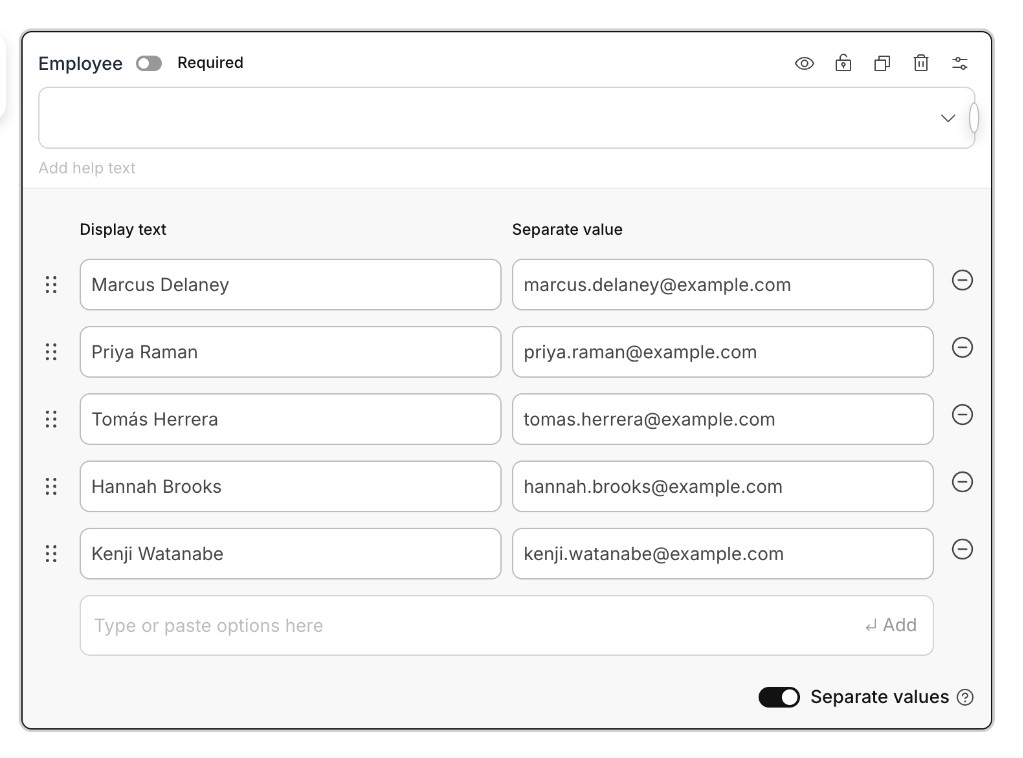Employee dropdown with display text and separate values