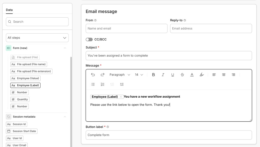 Employee (Label) mapped in the email message