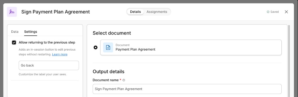 Sign step, Settings tab, with Allow returning to the previous step selected and the label field showing Go back