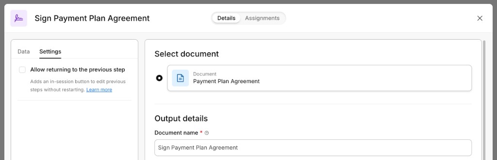 Sign step, Settings tab, with Allow returning to the previous step not selected
