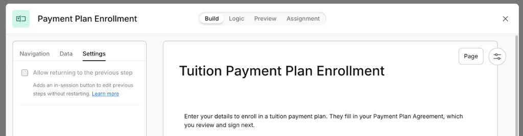 Form step, Settings tab, with Allow returning to the previous step unavailable